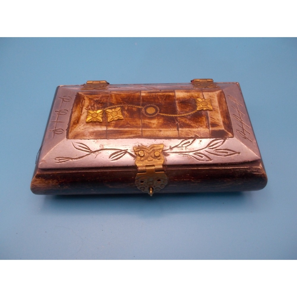 Vintage Inlaid Bone Wood Trinket Box Silver Etched Metal Floral Brass Latch 5"